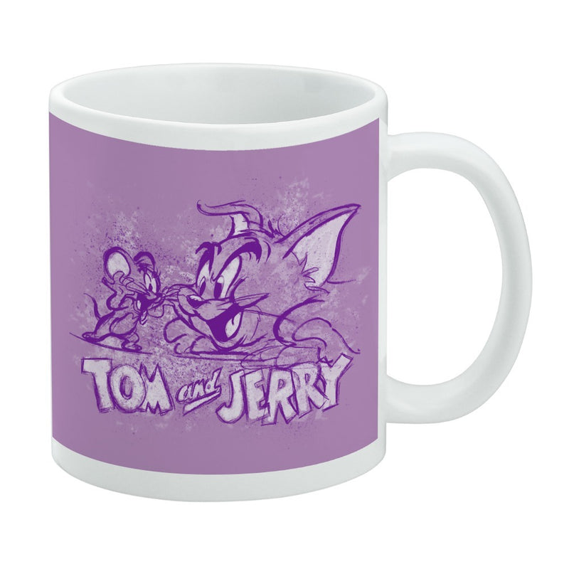 Lavender-purple ceramic mug featuring a sketched Tom and Jerry with the text 'Tom and Jerry' in purple below them.