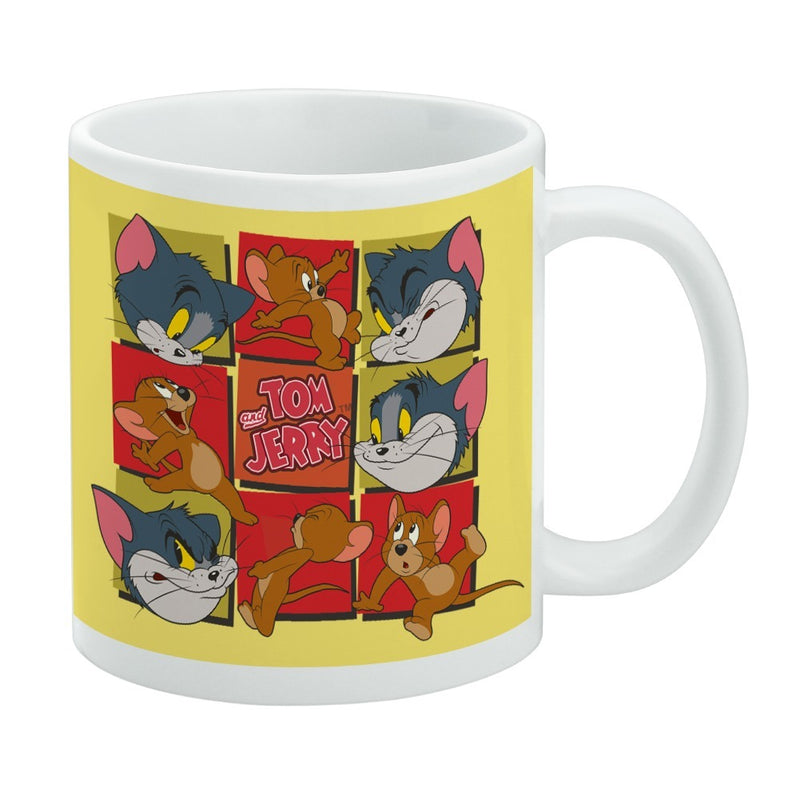 White mug with yellow band featuring Tom and Jerry faces in a grid of red squares with the text 'Tom and Jerry' in pink in the center.