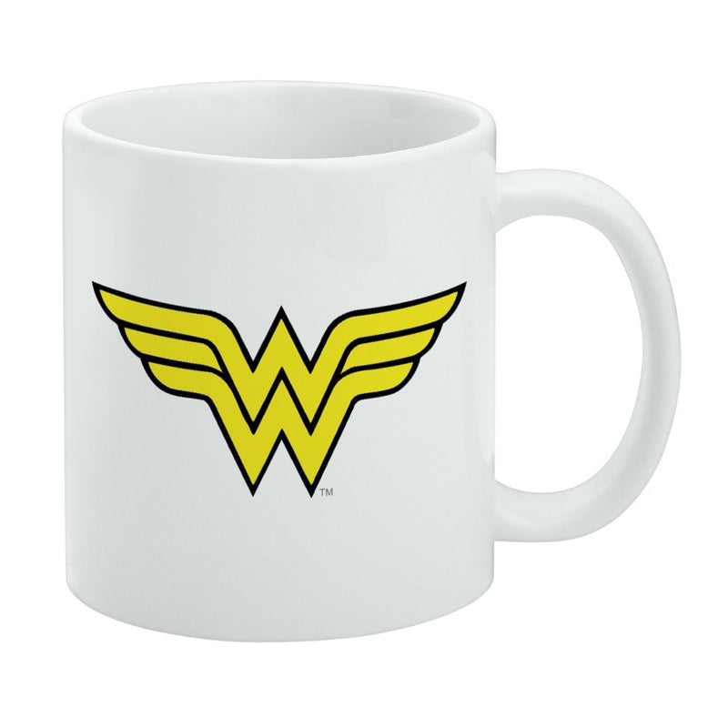 White ceramic mug featuring the yellow Wonder Woman logo with a black outline centered on the front.