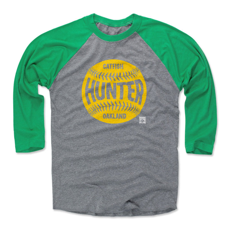 Green / Heather Gray Raglan Shirt featuring design named Catfish Hunter Oakland Baseball WHT