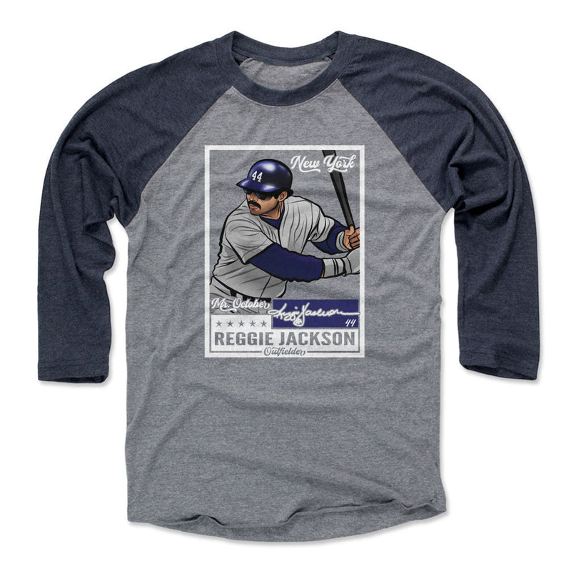 Navy / Heather Gray Raglan Shirt featuring design named Reggie Jackson Throwback Card WHT