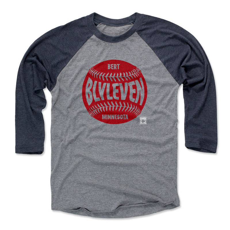 Gray and navy raglan shirt featuring a large red baseball graphic with the text 'BLYLEVEN' in navy across it, with 'BERT' above and 'MINNESOTA' below.
