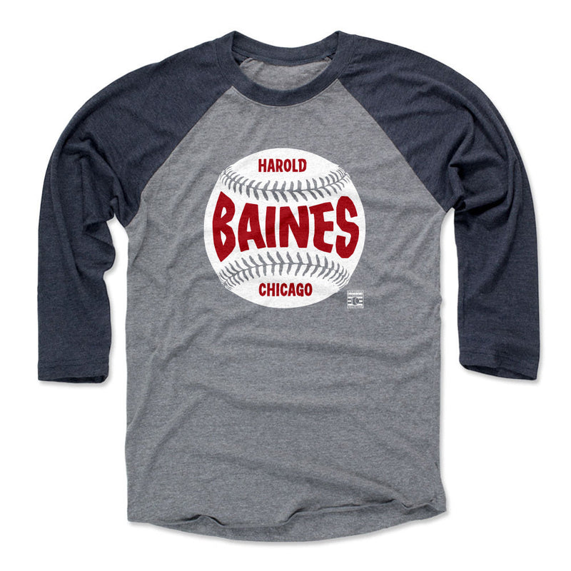 Navy / Heather Gray Raglan Shirt featuring design named Harold Baines Chicago Baseball WHT