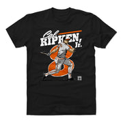 Black t-shirt featuring illustrated Cal Ripken Jr. mid-swing over a large orange 8 with the text 'Cal Ripken Jr.' in white above.