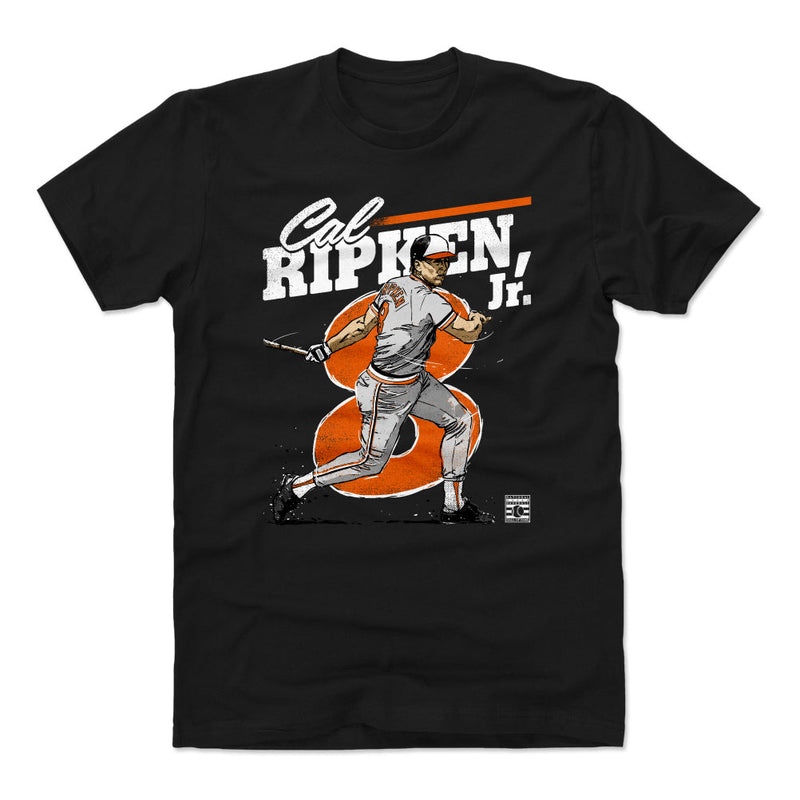 Black t-shirt featuring illustrated Cal Ripken Jr. mid-swing over a large orange 8 with the text 'Cal Ripken Jr.' in white above.