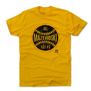 Gold t-shirt featuring a black baseball graphic with a yellow ring and the text 'Bill Mazeroski' and 'H.O.F. #9' in white.