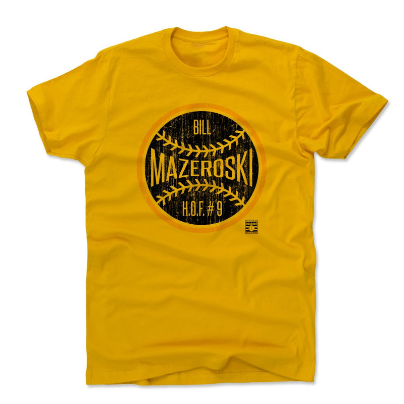 Gold t-shirt featuring a black baseball graphic with a yellow ring and the text 'Bill Mazeroski' and 'H.O.F. #9' in white.