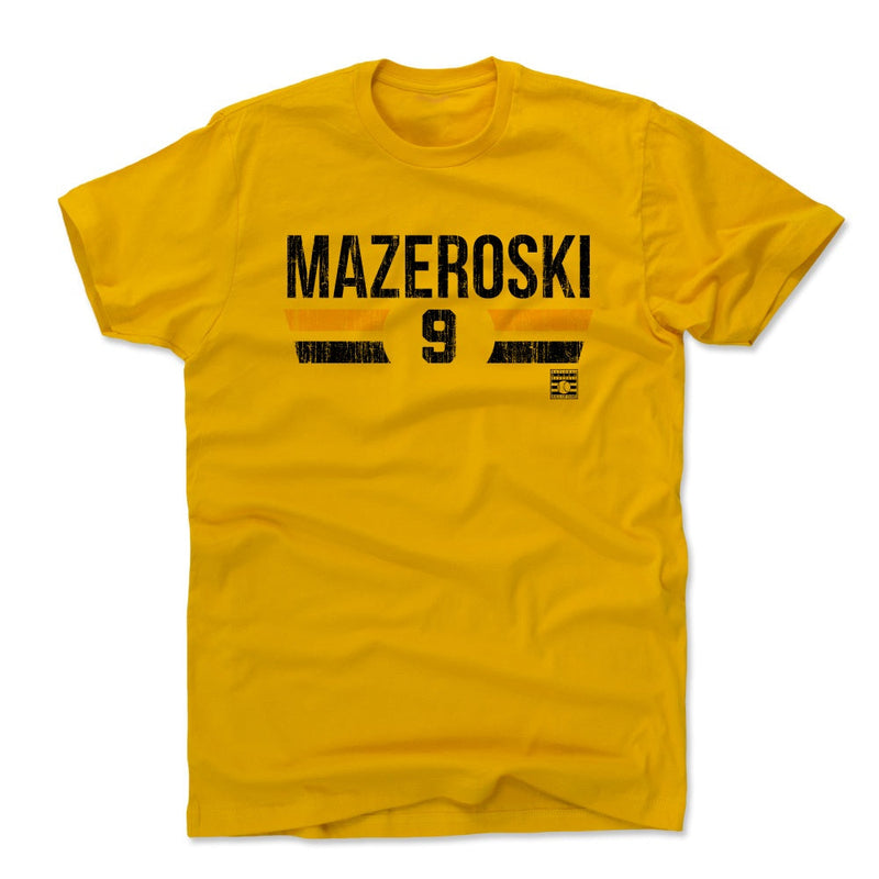 Gold t-shirt featuring the name 'MAZEROSKI' with the number 9 below it in black letters, between orange and black stripes.