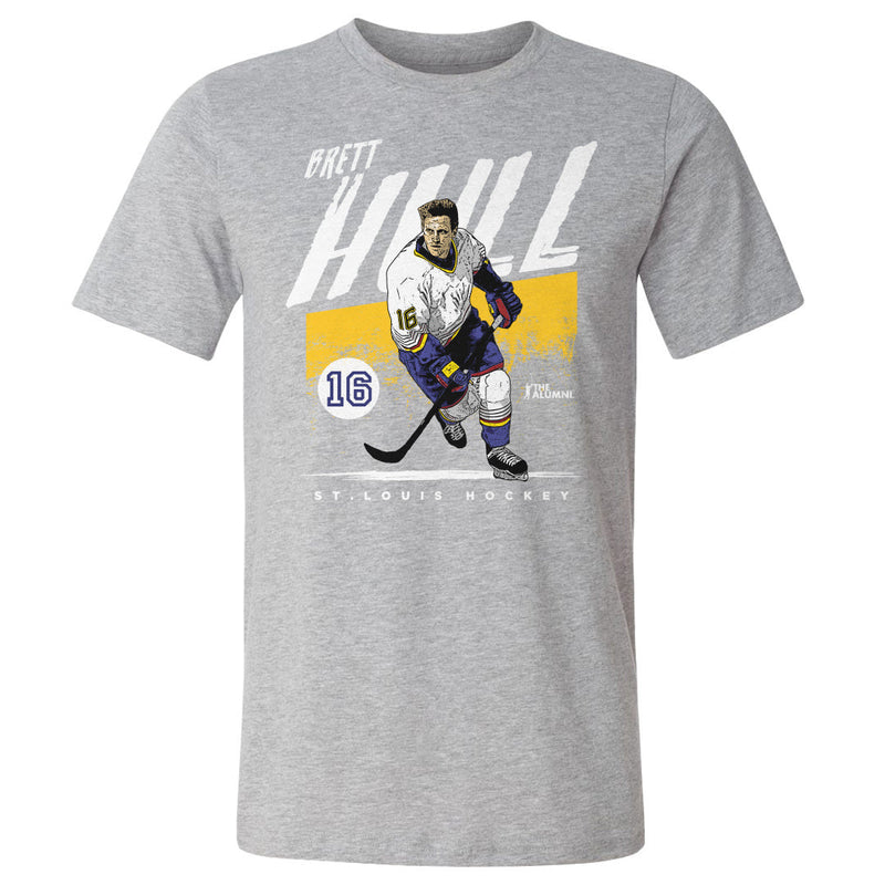 Heather gray short-sleeved t-shirt featuring Brett Hull in a St. Louis jersey with the text 'BRETT HULL' in white above.