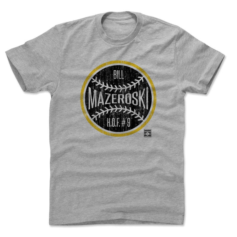 Heather gray t-shirt featuring a black baseball graphic with a yellow ring and the text 'Bill Mazeroski' and 'H.O.F. #9' in white.