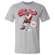 Heather gray t-shirt featuring Chris Chelios skating on ice with a hockey stick and the text 'Chris Chelios' in red script above him.
