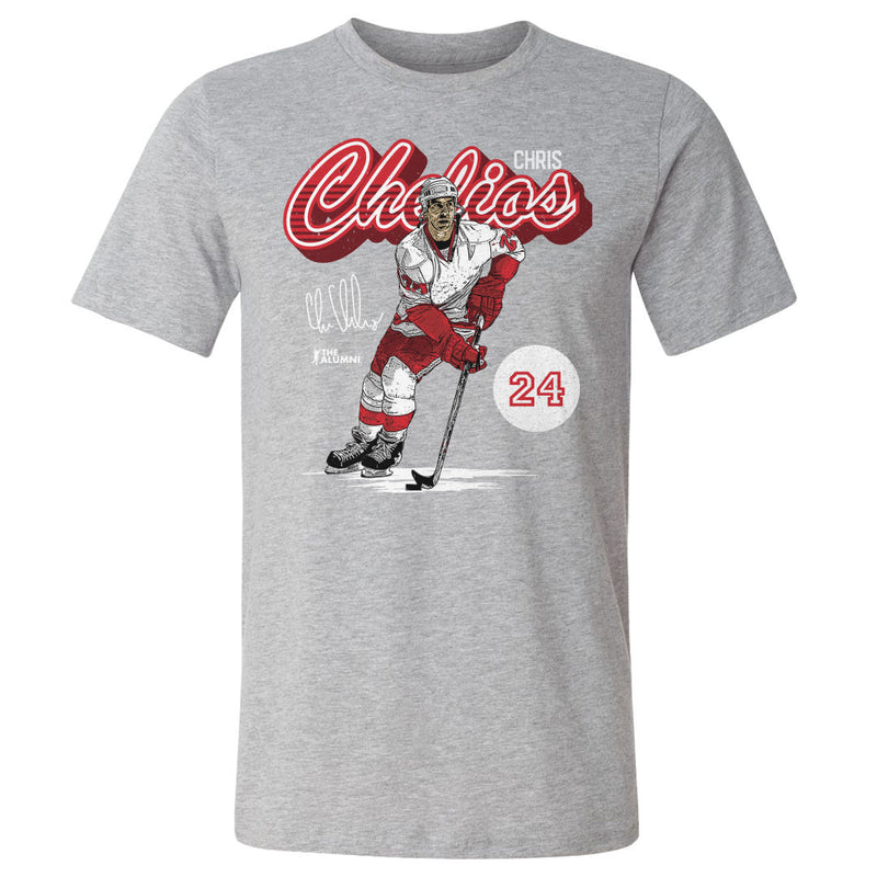Heather gray t-shirt featuring Chris Chelios skating on ice with a hockey stick and the text 'Chris Chelios' in red script above him.