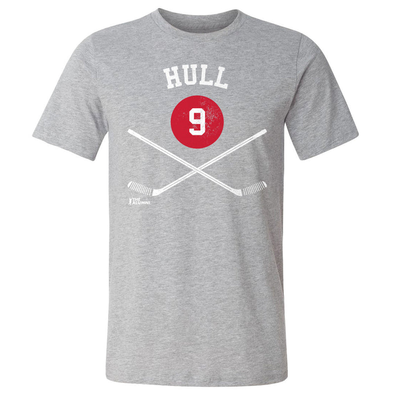 Heather gray t-shirt featuring crossed white hockey sticks and a red circle with the number 9 in white with the text 'HULL' in white above.