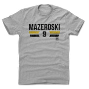 Heather gray t-shirt featuring the name 'MAZEROSKI' with the number 9 below it in black letters, between orange and black stripes.