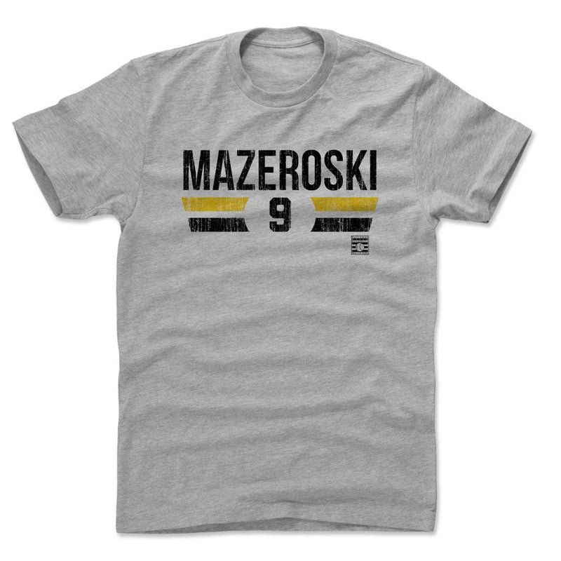 Heather gray t-shirt featuring the name 'MAZEROSKI' with the number 9 below it in black letters, between orange and black stripes.