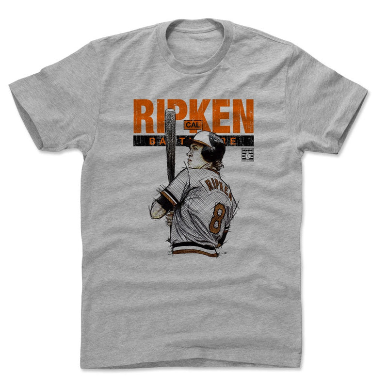 Heather gray t-shirt featuring a sketch of Cal Ripken Jr. batting with the text 'RIPKEN' in orange above 'BALTIMORE' in black.