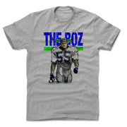 Heather gray t-shirt featuring a sketch of Brian Bosworth in a number 55 jersey with the text 'THE BOZ' in blue above a green bar.