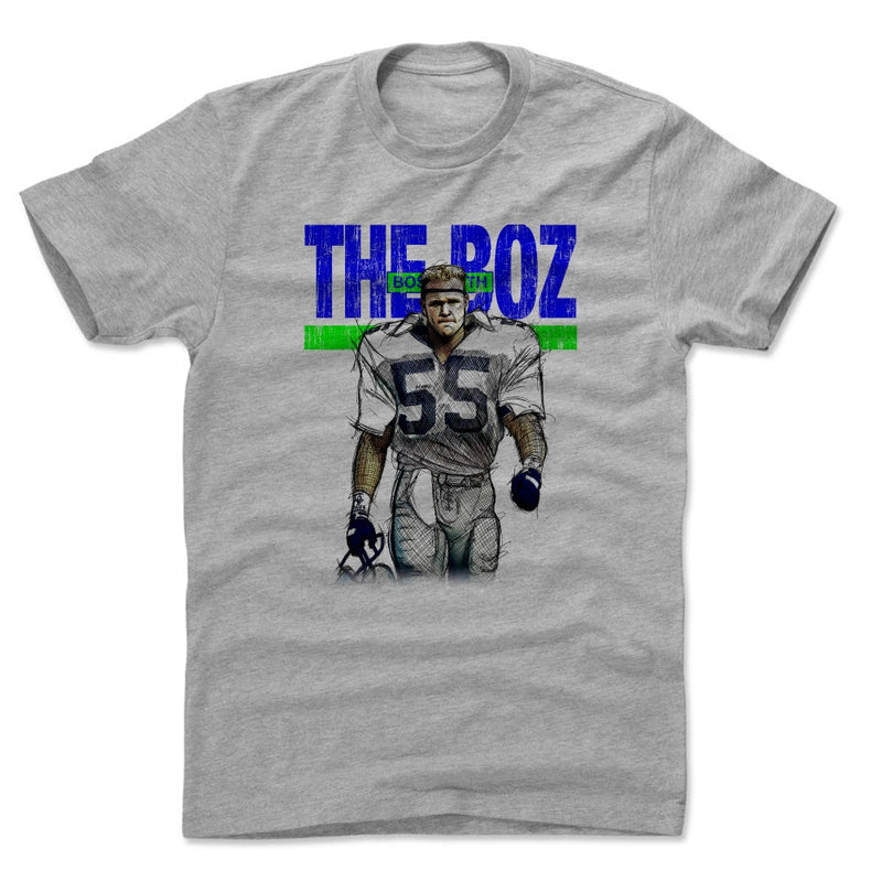Heather gray t-shirt featuring a sketch of Brian Bosworth in a number 55 jersey with the text 'THE BOZ' in blue above a green bar.