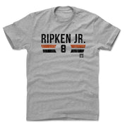 Heather gray t-shirt featuring the text 'RIPKEN JR.' in black above orange and black stripes framing the number 8 in black.