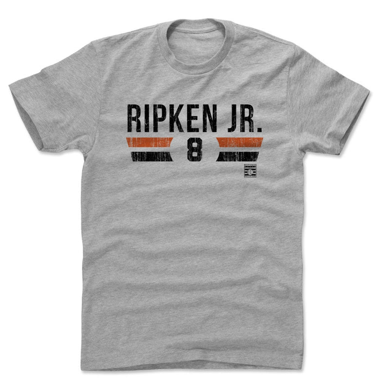 Heather gray t-shirt featuring the text 'RIPKEN JR.' in black above orange and black stripes framing the number 8 in black.