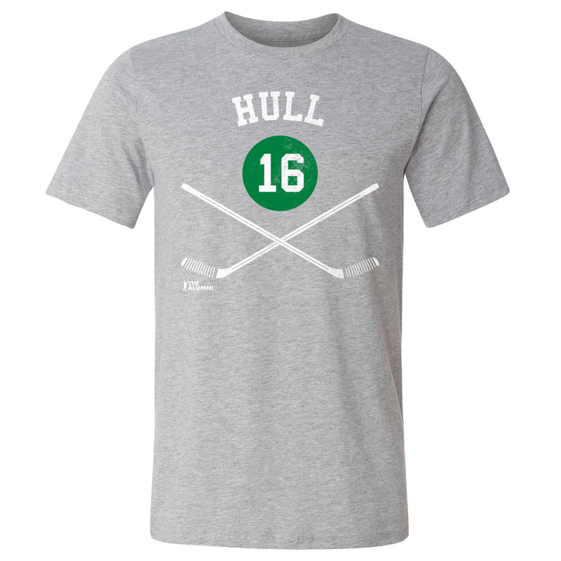 Heather gray t-shirt featuring crossed white hockey sticks and a green circle with the number 16 in white with the text 'HULL' in white above.