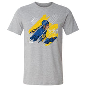 Heather gray t-shirt featuring Brett Hull in a blue jersey over yellow brush strokes with the text 'BRETT HULL' in white at upper left.