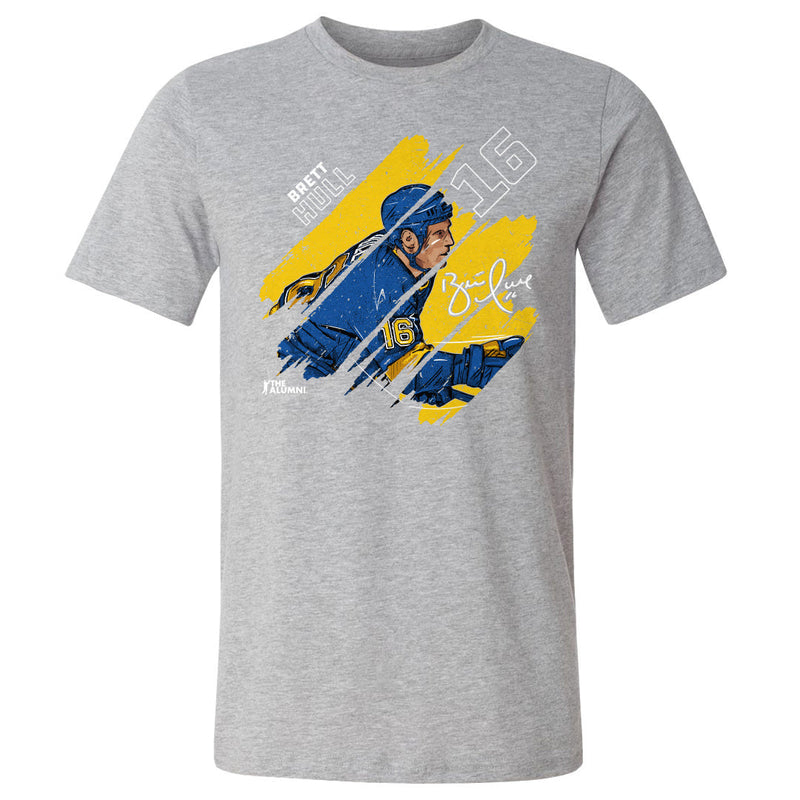 Heather gray t-shirt featuring Brett Hull in a blue jersey over yellow brush strokes with the text 'BRETT HULL' in white at upper left.