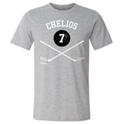 Heather gray t-shirt featuring a black puck with the number 7 and crossed hockey sticks with the text 'CHELIOS' in white above it.