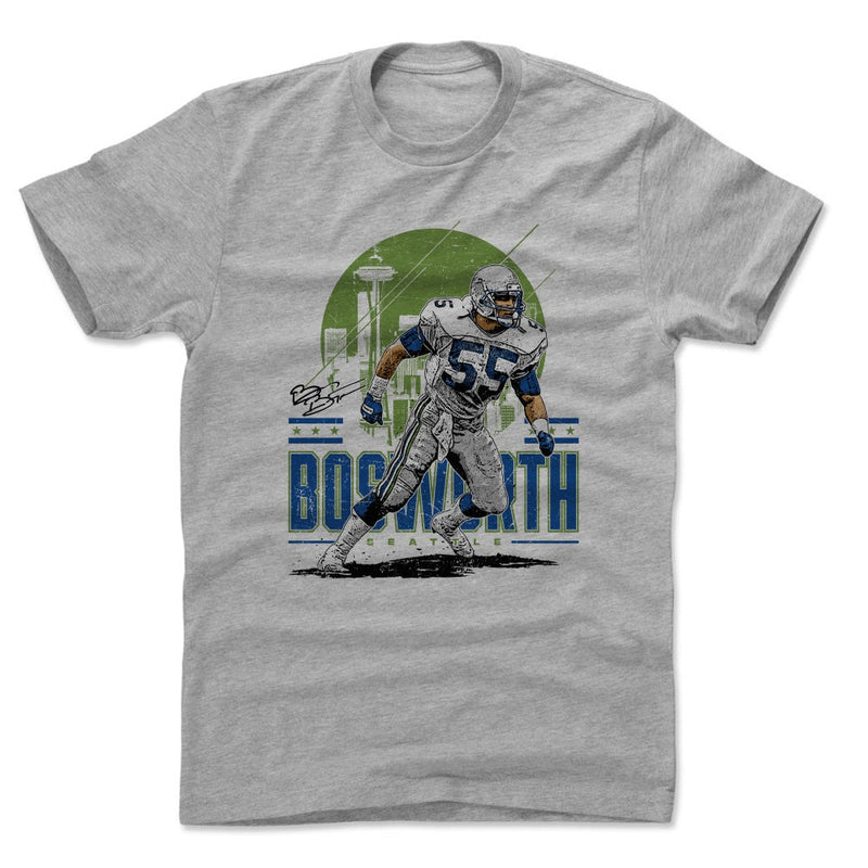 Heather gray t-shirt featuring Brian Bosworth in a #55 Seattle jersey over a green Space Needle skyline with the text 'BOSWORTH' in blue below him.