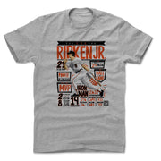 Heather gray t-shirt featuring a Cal Ripken Jr. career stat poster with the text 'RIPKEN JR.' in large orange letters above it.