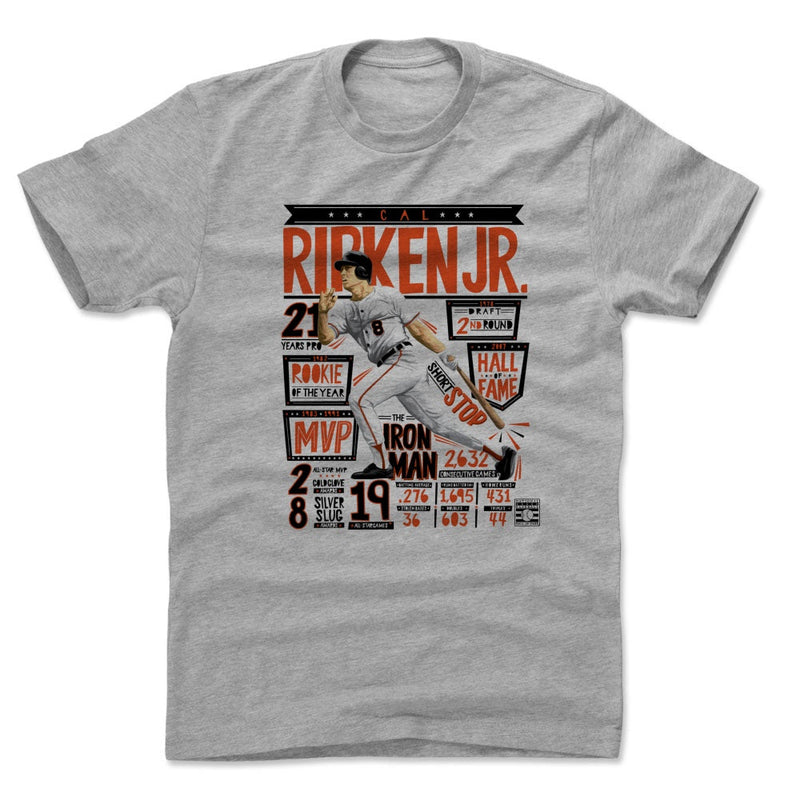 Heather gray t-shirt featuring a Cal Ripken Jr. career stat poster with the text 'RIPKEN JR.' in large orange letters above it.