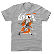 Heather gray t-shirt featuring illustrated Cal Ripken Jr. mid-swing over a large orange 8 with the text 'Cal Ripken Jr.' in white above.