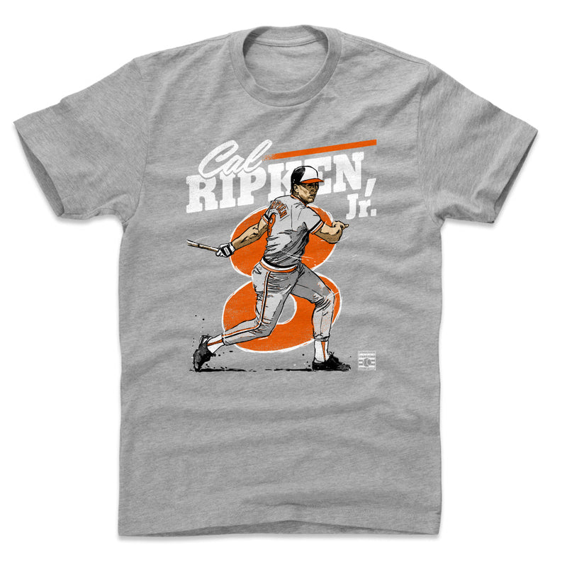 Heather gray t-shirt featuring illustrated Cal Ripken Jr. mid-swing over a large orange 8 with the text 'Cal Ripken Jr.' in white above.
