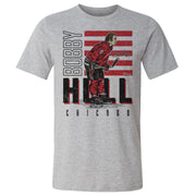 Heather gray t-shirt featuring Bobby Hull in a red Chicago jersey with the text 'BOBBY HULL' in white and black above 'CHICAGO'.
