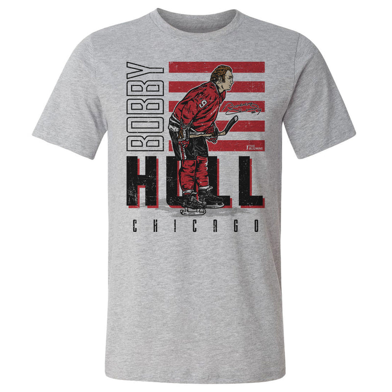 Heather gray t-shirt featuring Bobby Hull in a red Chicago jersey with the text 'BOBBY HULL' in white and black above 'CHICAGO'.