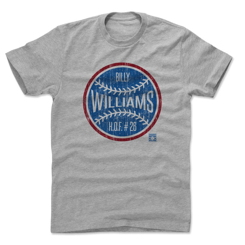 Heather gray t-shirt featuring a blue baseball with a red outline with the text 'BILLY WILLIAMS' and 'H.O.F. # 26' in white.