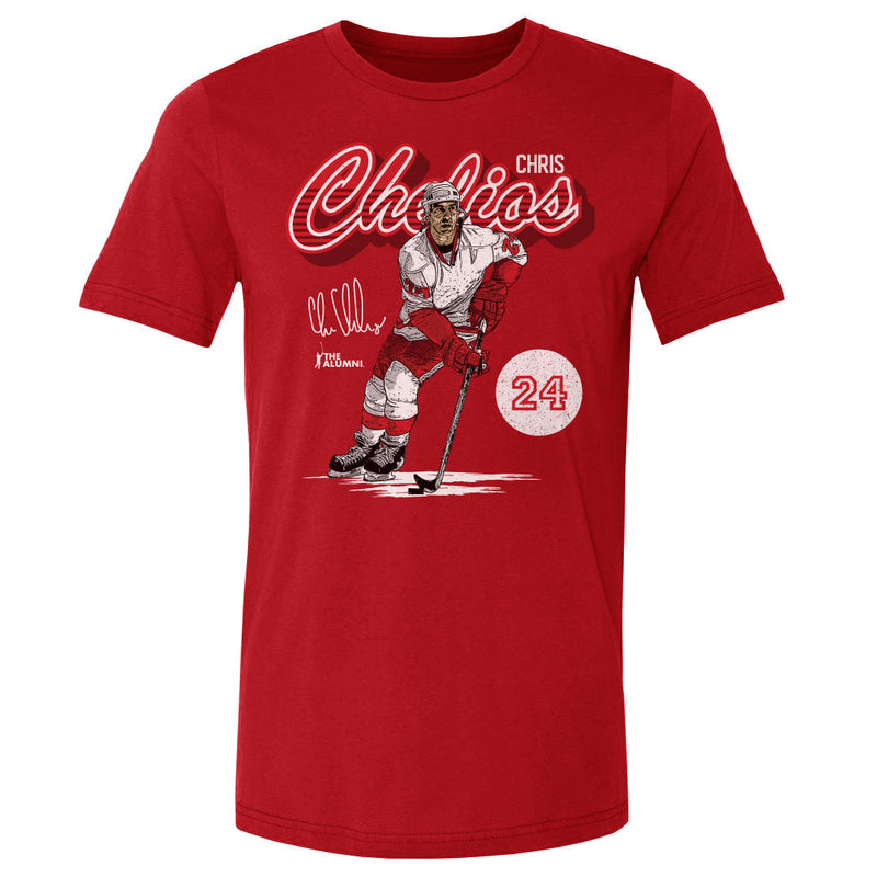 Red t-shirt featuring Chris Chelios skating on ice with a hockey stick and the text 'Chris Chelios' in red script above him.