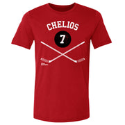 Red t-shirt featuring a black puck with the number 7 and crossed hockey sticks with the text 'CHELIOS' in white above it.