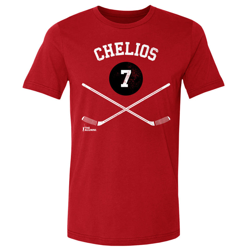 Red t-shirt featuring a black puck with the number 7 and crossed hockey sticks with the text 'CHELIOS' in white above it.