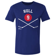 Royal blue t-shirt featuring crossed white hockey sticks and a red circle with the number 9 in white with the text 'HULL' in white above.