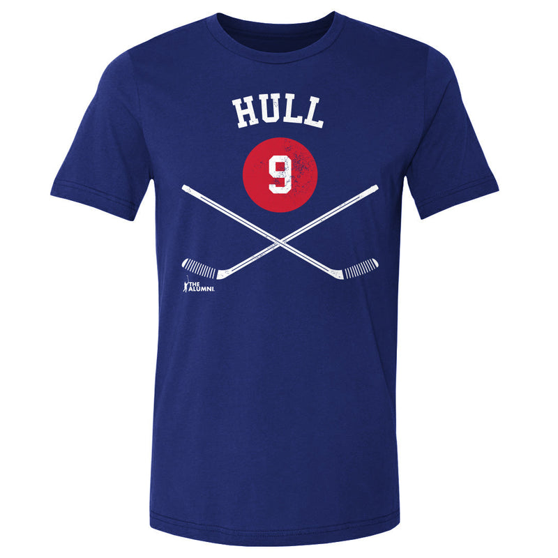 Royal blue t-shirt featuring crossed white hockey sticks and a red circle with the number 9 in white with the text 'HULL' in white above.