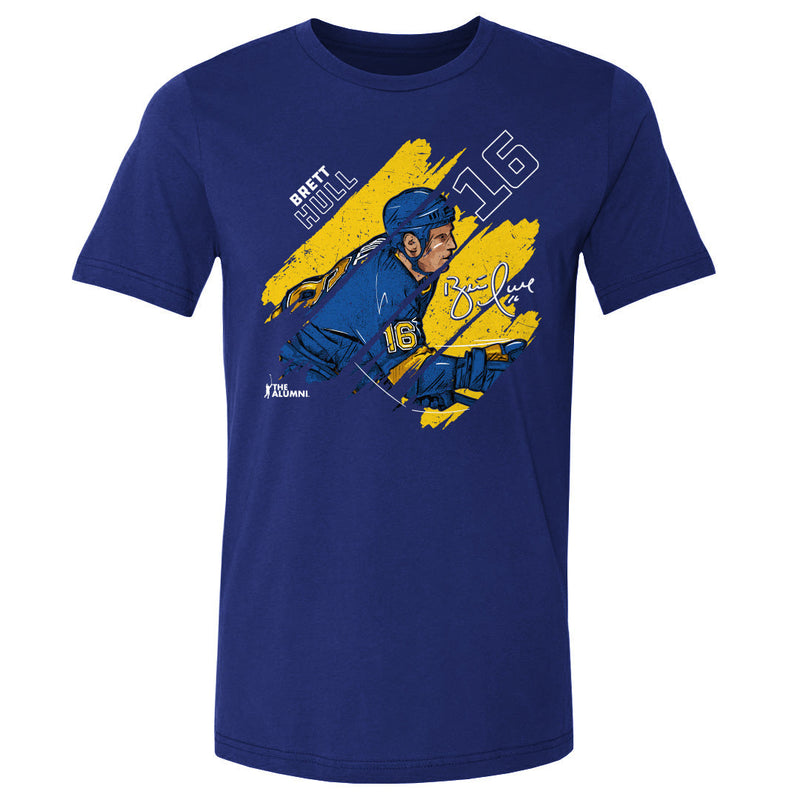 Royal blue t-shirt featuring Brett Hull in a blue jersey over yellow brush strokes with the text 'BRETT HULL' and number 16 in white.