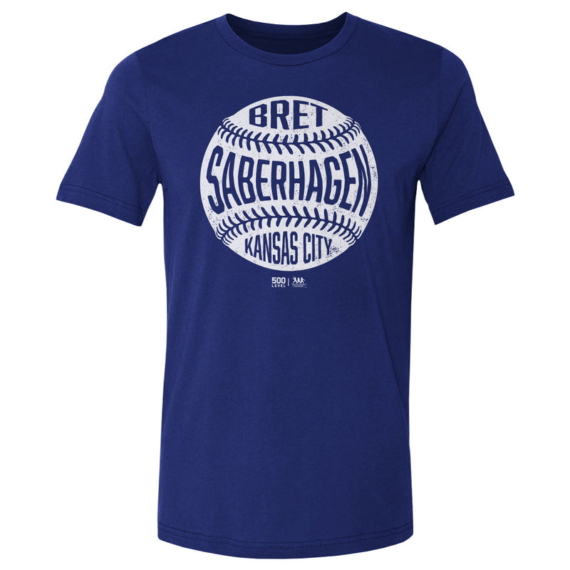 Royal blue short-sleeved t-shirt featuring a white baseball graphic with the text 'BRET SABERHAGEN' and 'KANSAS CITY' in royal blue on the ball.