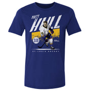 Royal blue t-shirt featuring an illustration of Brett Hull in a white jersey with the text 'BRETT HULL' in white behind and above it.