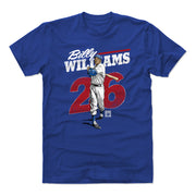 Royal blue t-shirt featuring an illustration of Billy Williams in a baseball uniform with the text 'Billy Williams' in white above a red 26.