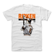 White t-shirt featuring a sketch of Cal Ripken Jr. batting with the text 'RIPKEN' in orange above 'BALTIMORE' in black.