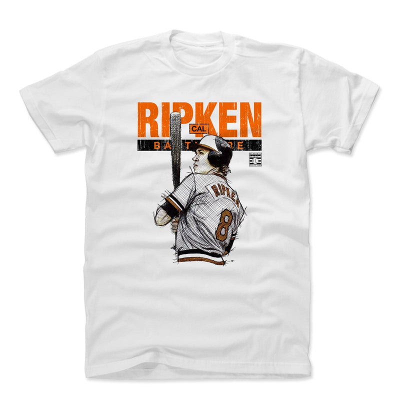 White t-shirt featuring a sketch of Cal Ripken Jr. batting with the text 'RIPKEN' in orange above 'BALTIMORE' in black.