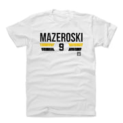 White t-shirt featuring the name 'MAZEROSKI' with the number 9 below it in black letters, between orange and black stripes.