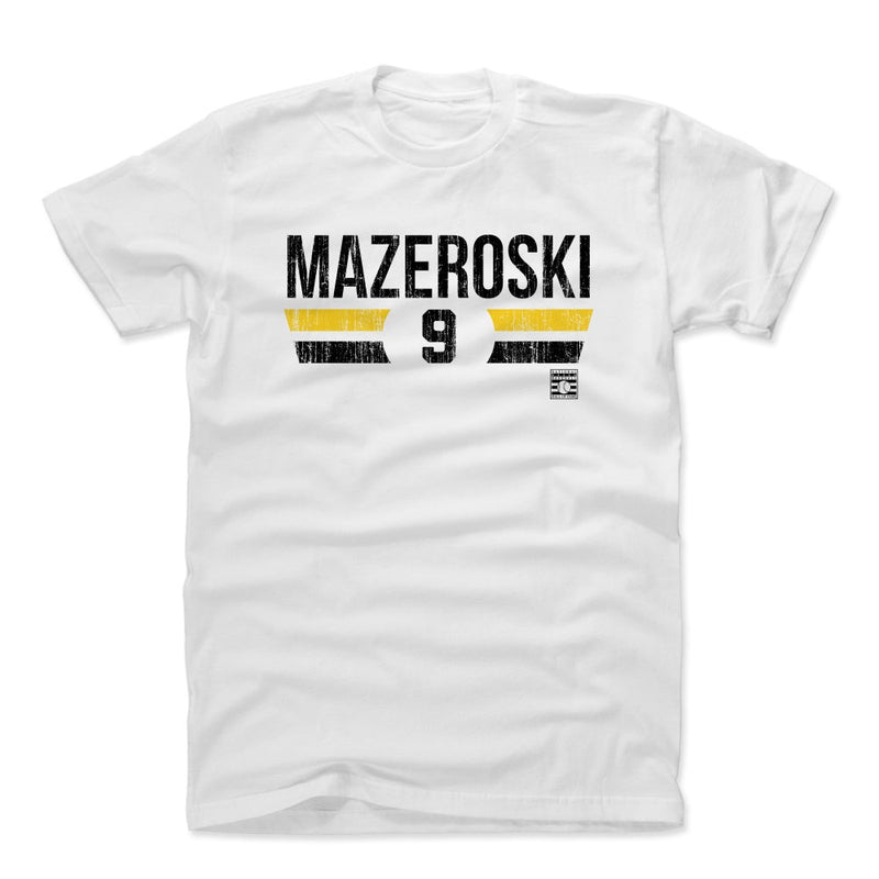 White t-shirt featuring the name 'MAZEROSKI' with the number 9 below it in black letters, between orange and black stripes.