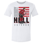 White t-shirt featuring Bobby Hull in a red Chicago jersey with the text 'BOBBY HULL' in white and black above 'CHICAGO'.